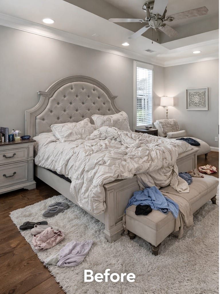 Before: A bedroom before and after an apartment clean